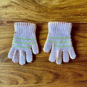 Children's Knitted Pink Gloves With Green Stripes & Colorful Stitching